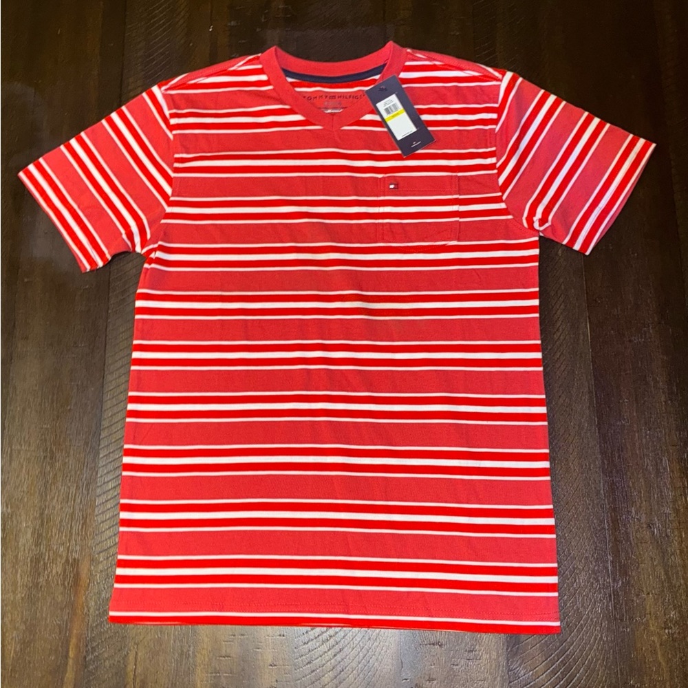 Tommy Hilfiger T-Shirt Medium Red White Stripe Pocket Logo NWT Casual Tee